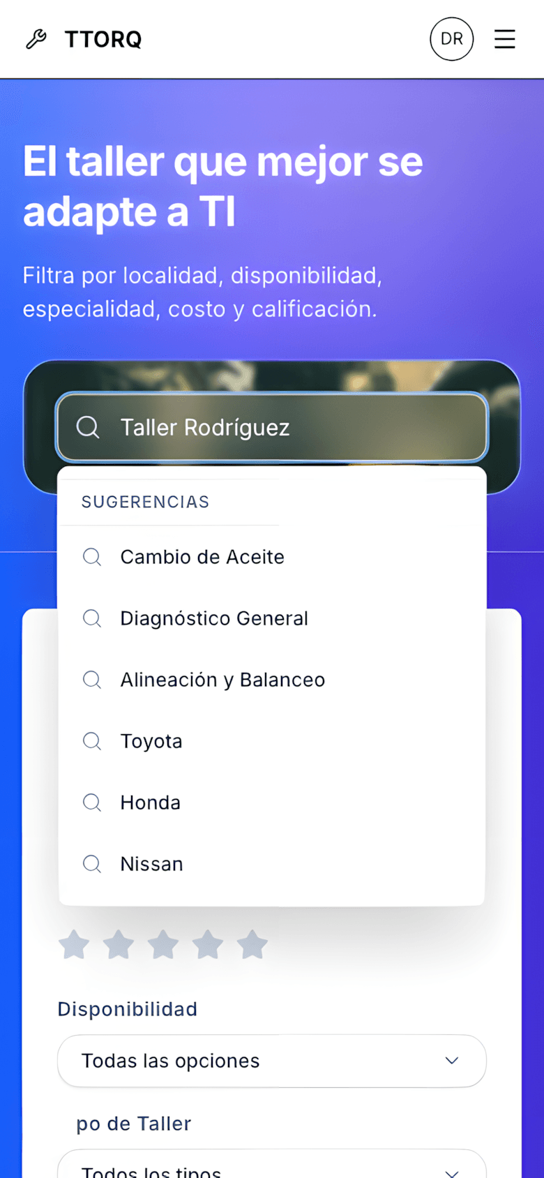 Pantalla de búsqueda de servicios TTORQ