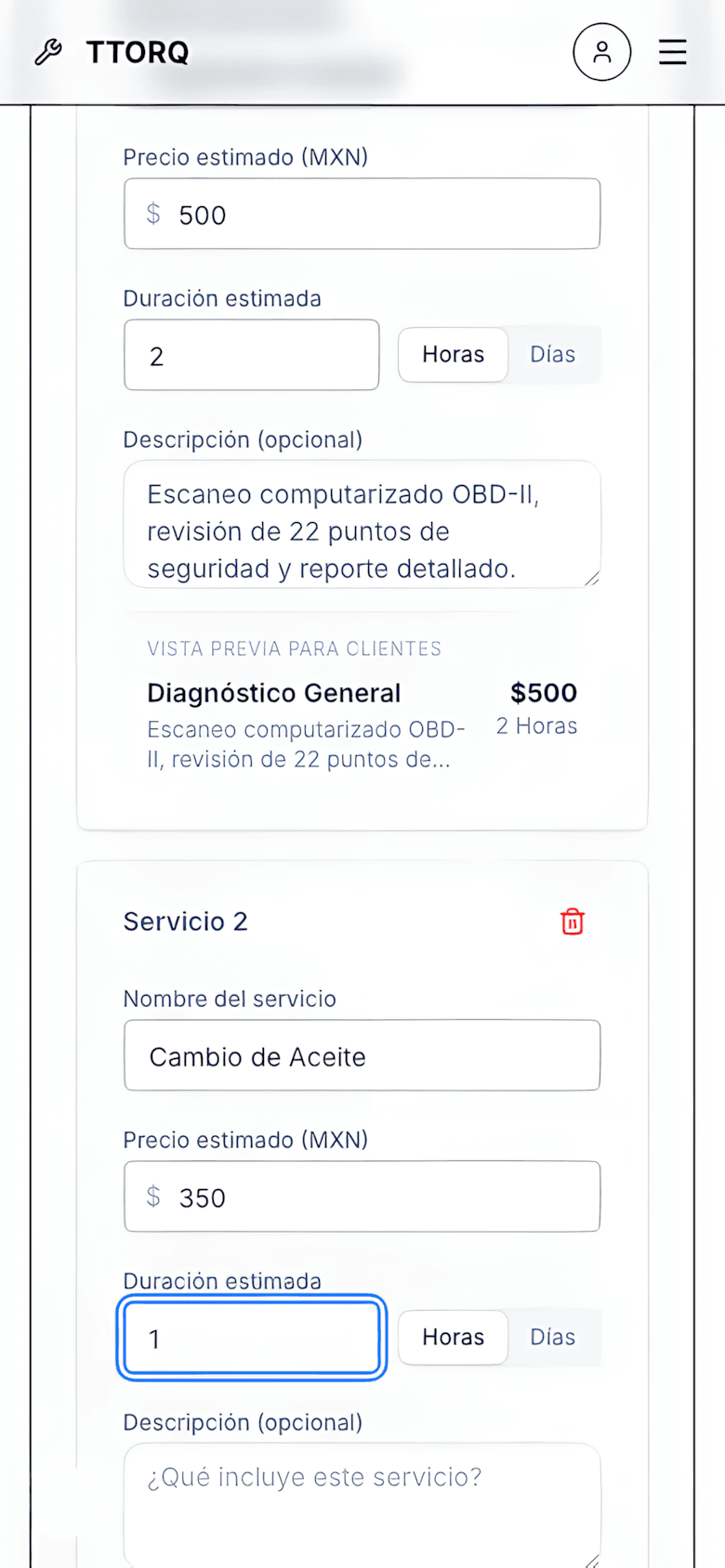 Lista de servicios disponibles en TTORQ